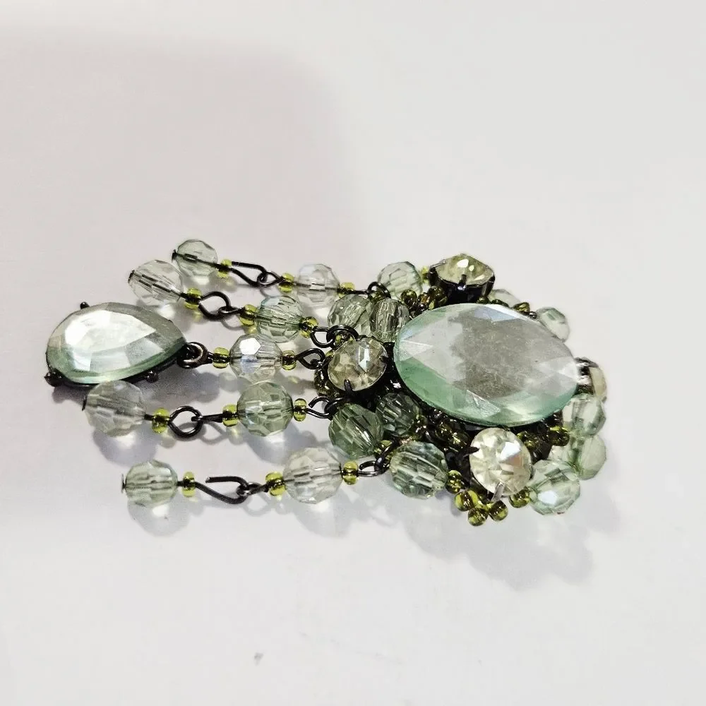 Vintage Victorian Revival Green Rhinestone Beaded Dangle Teardrop Brooch Pin